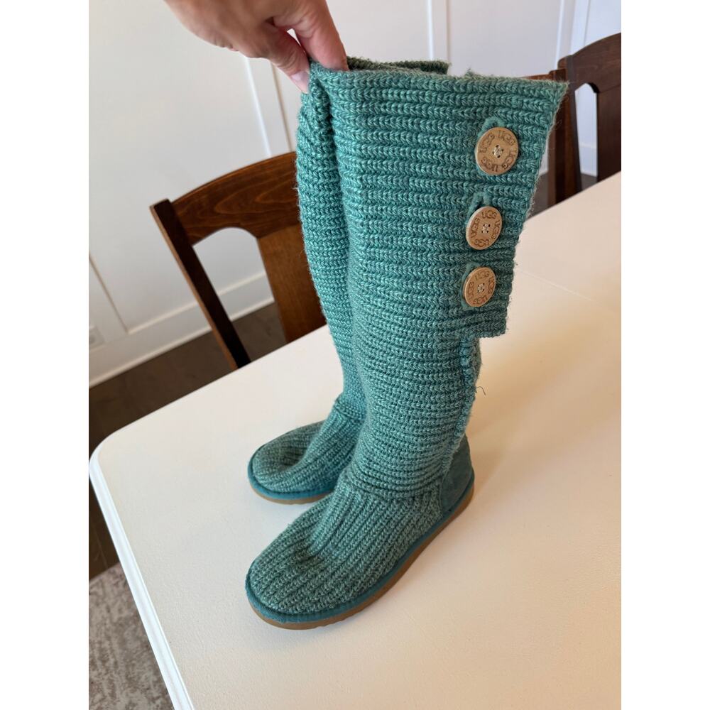 Ugg Classic Cardy Knit Boots Teal Blue Size US 8 Sheepskin Lined Foldover 5819